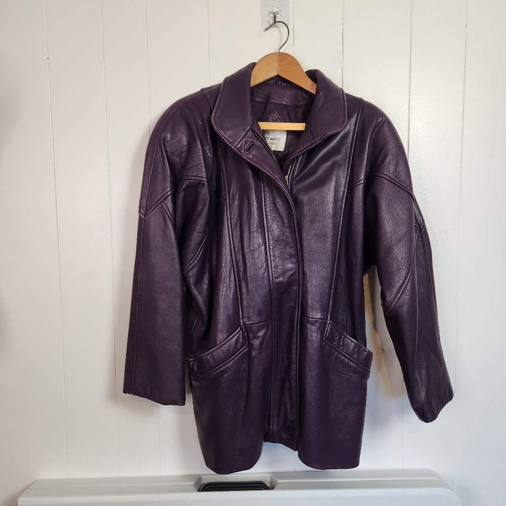 Vintage 80s Purple Soft Leather Oversized Jacket Coat 1990s Slouchy 90s Size XS - Picture 10 of 13